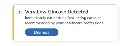 Very Low Glucose detected popup notification in the Accu-Chek SmartGuide app.