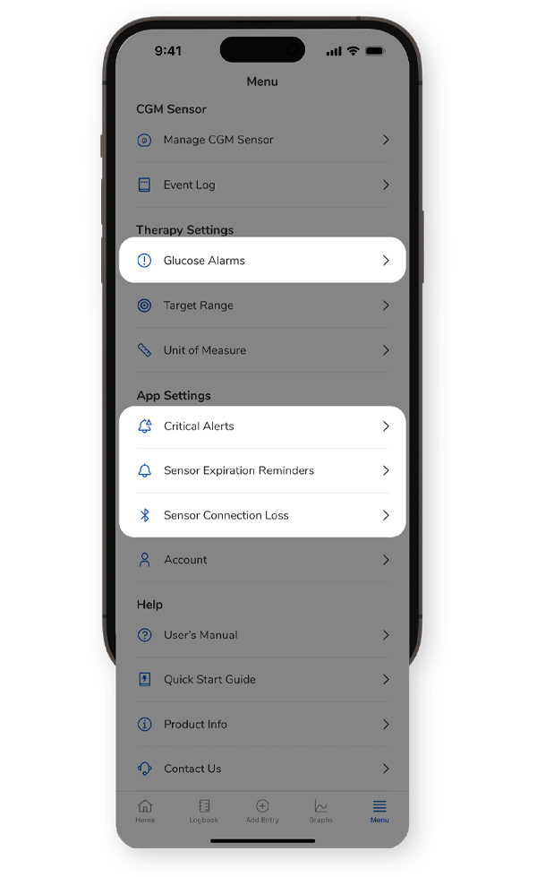 The SmartGuide app screen displays the menu, highlighting glucose alarms, critical alerts, sensor expiration reminders, and sensor connection settings.
