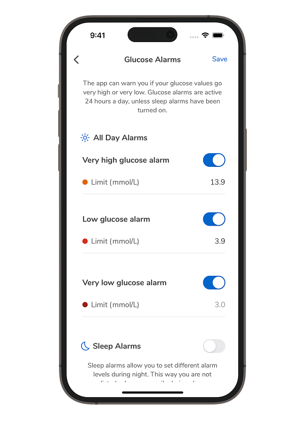 Screenshot of the Accu-Chek SmartGuide app Glucose Alarms page, detailing the alarm types you can enable.