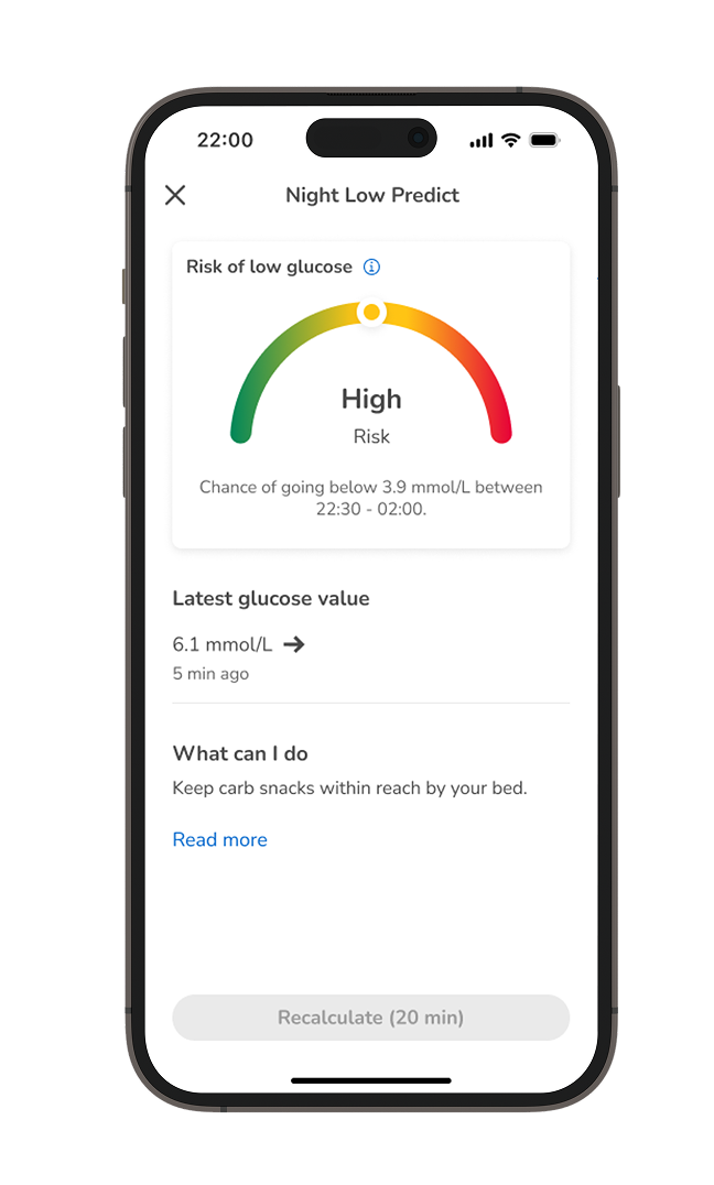 Phone screen showing 'High' risk for low glucose during the night with a  6.1 mmol/L  reading and recommendation for nearby carb snacks.