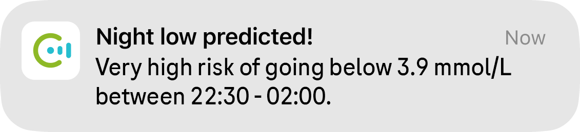 Night low predicted” pop up informing the user of a very high risk of hypoglycemia at night.