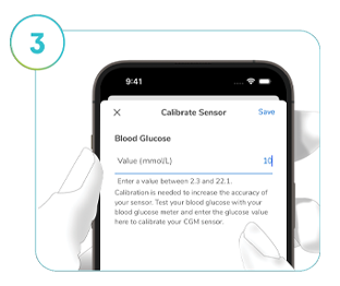 Screenshot of the SmartGuide apps’ Calibrate screen, detailing how to calibrate the CGM solution.