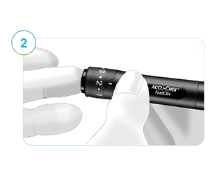 The image depicts a lancing device used on a finger to get a glucose reading to calibrate the Accu-Chek SmartGuide CGM solution.