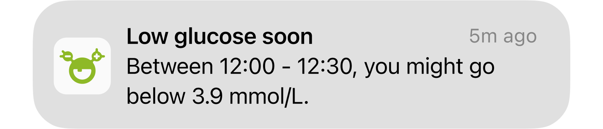 Low glucose soon! Notification alerting about a potential low between 12:30 and 13:30.