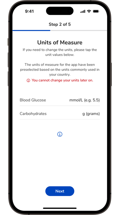 Download and set up the Accu-Chek SmartGuide app Screenshot of the SmartGuide apps’ units of measure setup page.