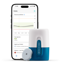 Image of the sensor, the applicator and a mobile phone showcasing the CGM app screen