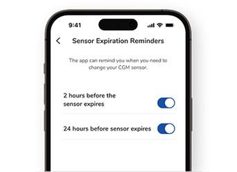 Screenshot of Accu-Chek SmartGuide app displaying Sensor Expiration Reminders.