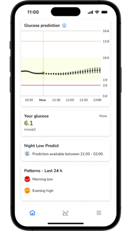 Glucose prediction on phone with the current value at 6.1 mmol/L and night low risk prediction from 21:00 to 02:00.