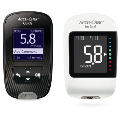 展示糖尿病管理工具：Accu-Chek Gudie 智航和 Instant 逸智血糖機。