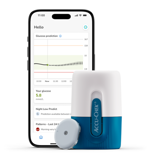 A continuous glucose monitor with the app displays a real-time glucose prediction curve on a smartphone screen.