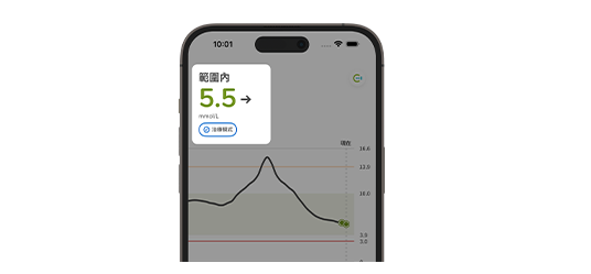 顯示葡萄糖水平在範圍內，標記為「在範圍內」，並顯示預測的趨勢和目標範圍的手機畫面