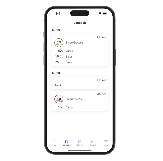Screenshot of the SmartGuide CGM solutions’ Logbook screen.