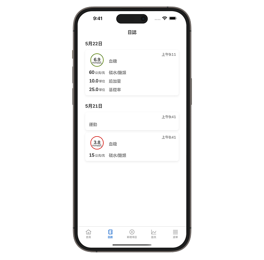  SmartGuide全智航連續葡萄糖監測解決方案日誌畫面的畫面截圖。